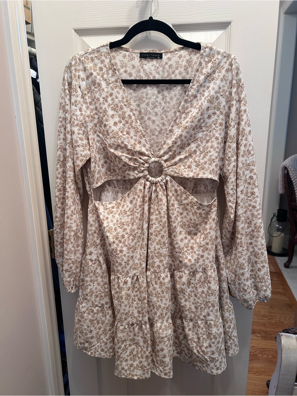 Final Touch Ivory & Beige Ditsy Floral Print Dress w/Cutouts, V-Neck & Long Slee